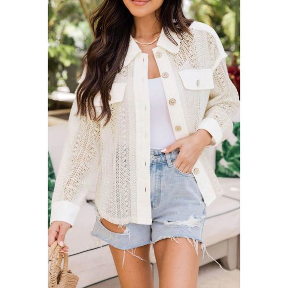 Azura Exchange  Beige Lace See-through Button Collared Shacket - Picture 5 of 15